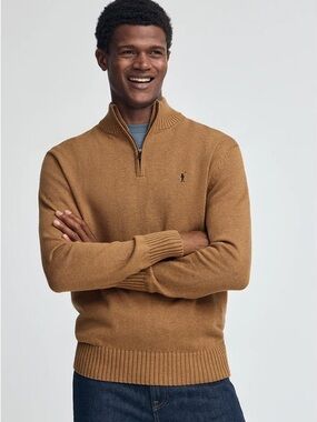 Ralph Lauren Blue Label Camel Cotton Quarter-Zip Sweater Pony Logo L